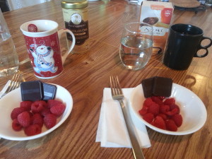 Organic tea, organic raspberries, and holiday chocolate.